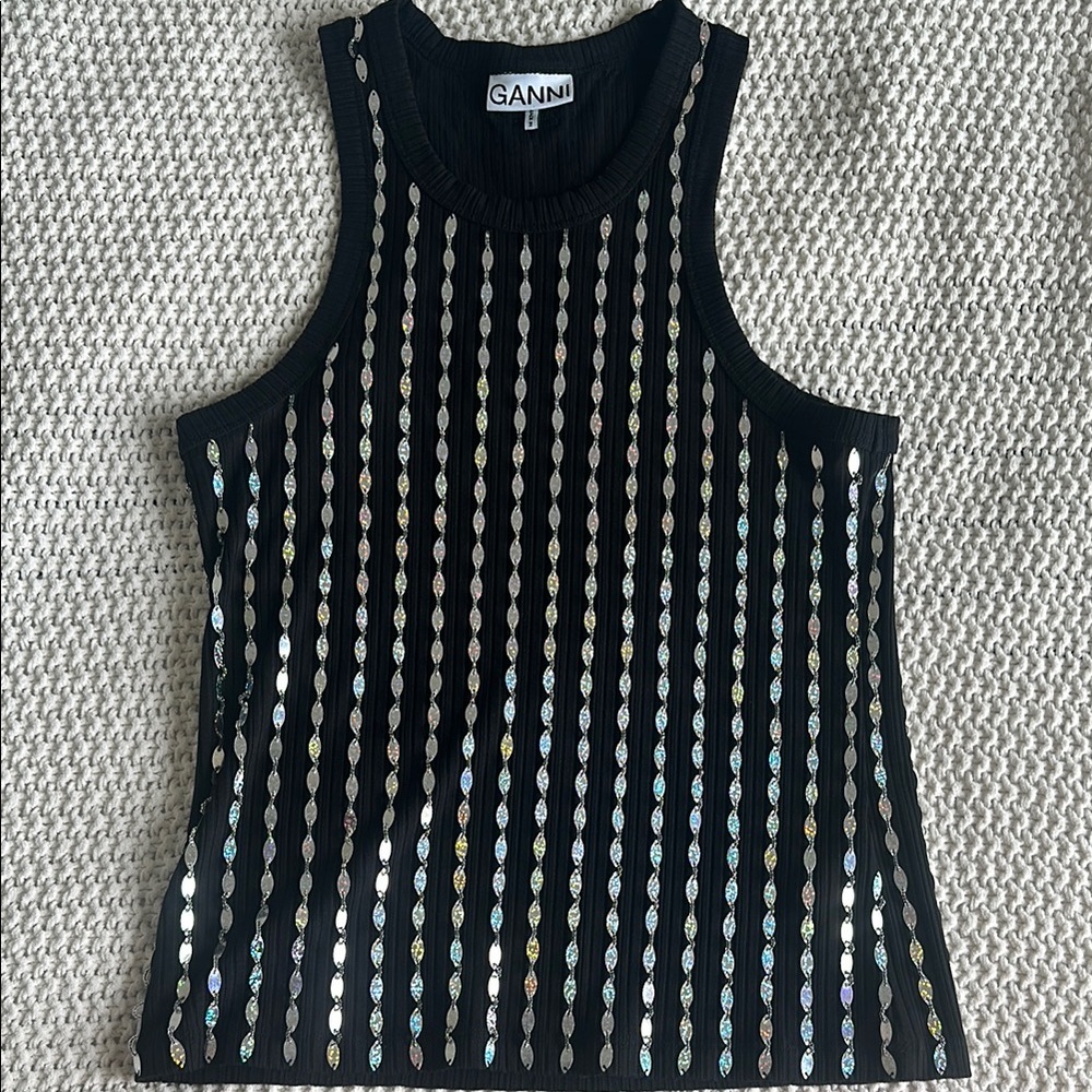Ganni Black Sequin Ribbed Tank